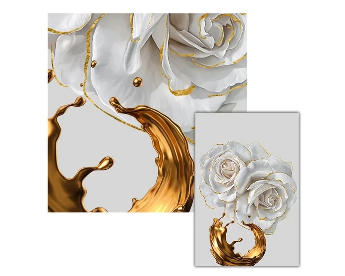 TPFLiving Kunstdruck Leinwand 3er Set Weiße Rose Gold - Bild 5