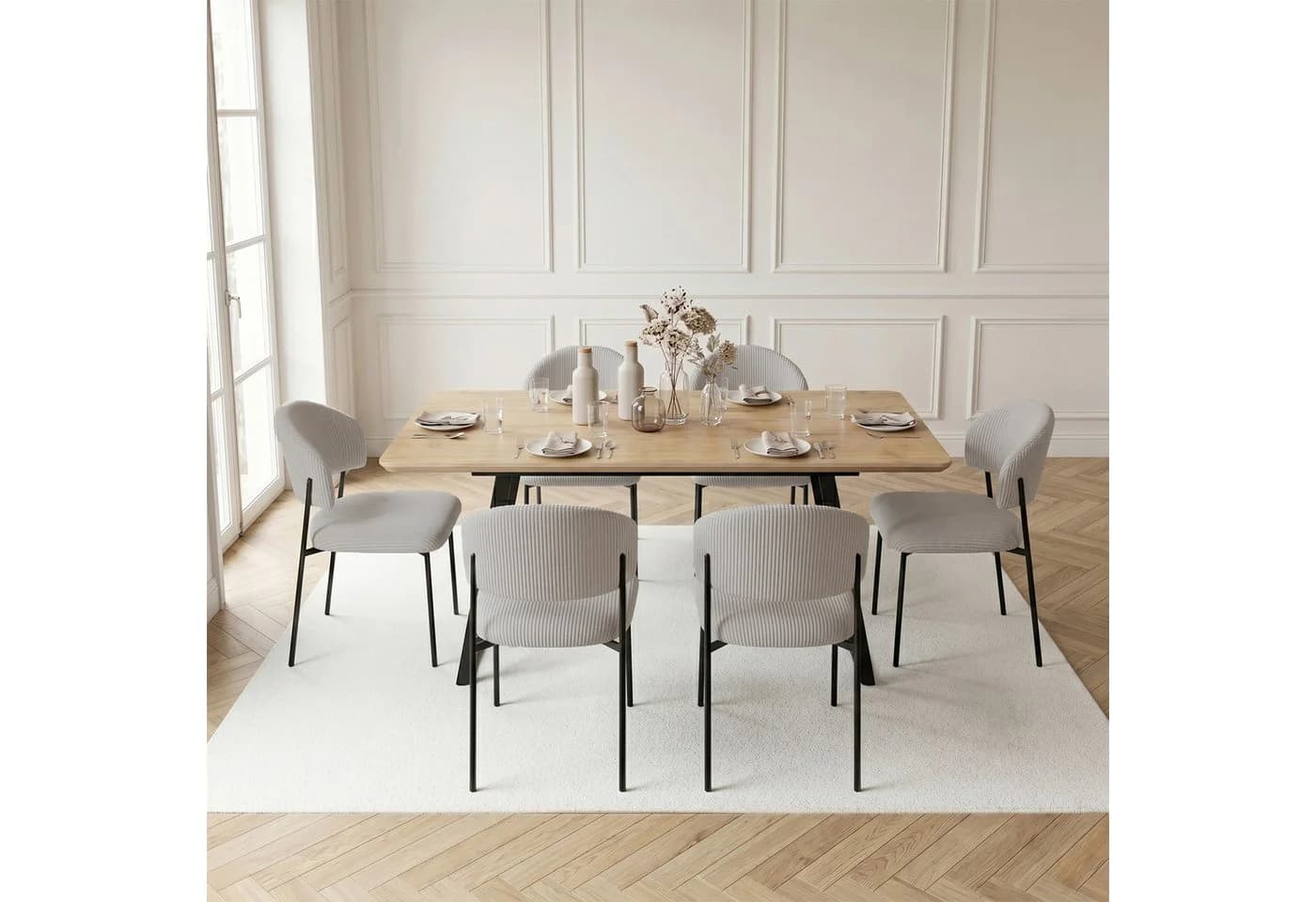 Jiexi Essgruppe ausziehbar Eiche-Optik mit Cord Stühlen grau/beige
