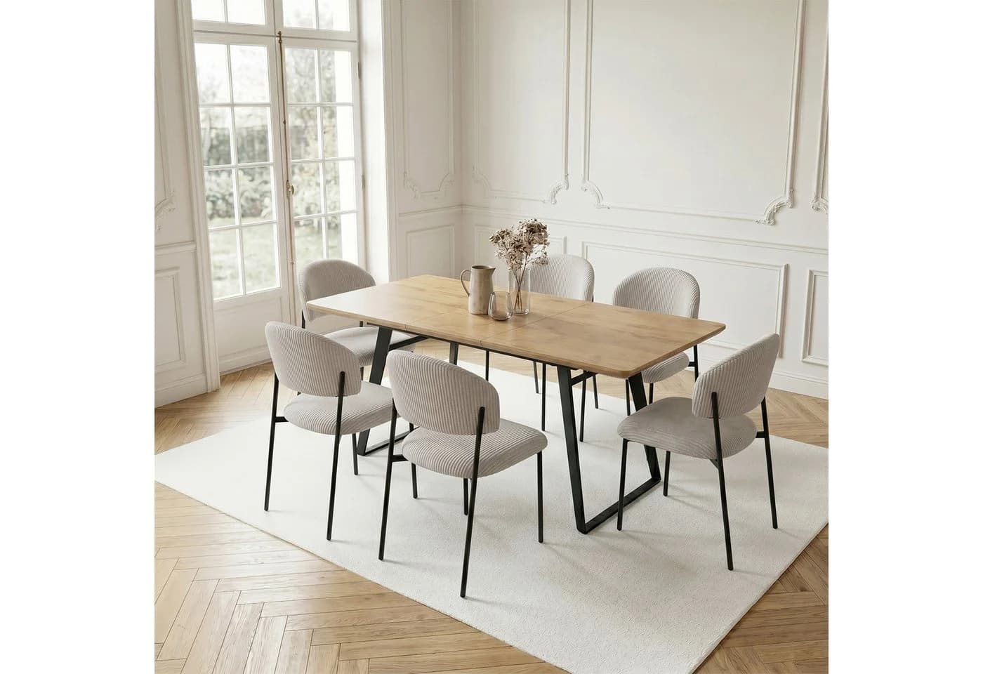 Jiexi Essgruppe ausziehbar Eiche-Optik mit Cord Stühlen grau/beige - Bild 2