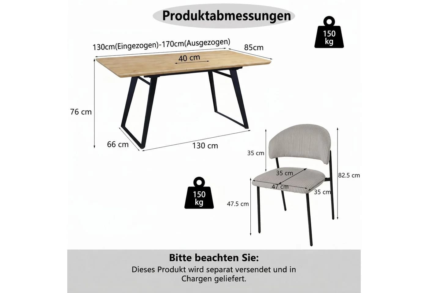 Jiexi Essgruppe ausziehbar Eiche-Optik mit Cord Stühlen grau/beige - Bild 3