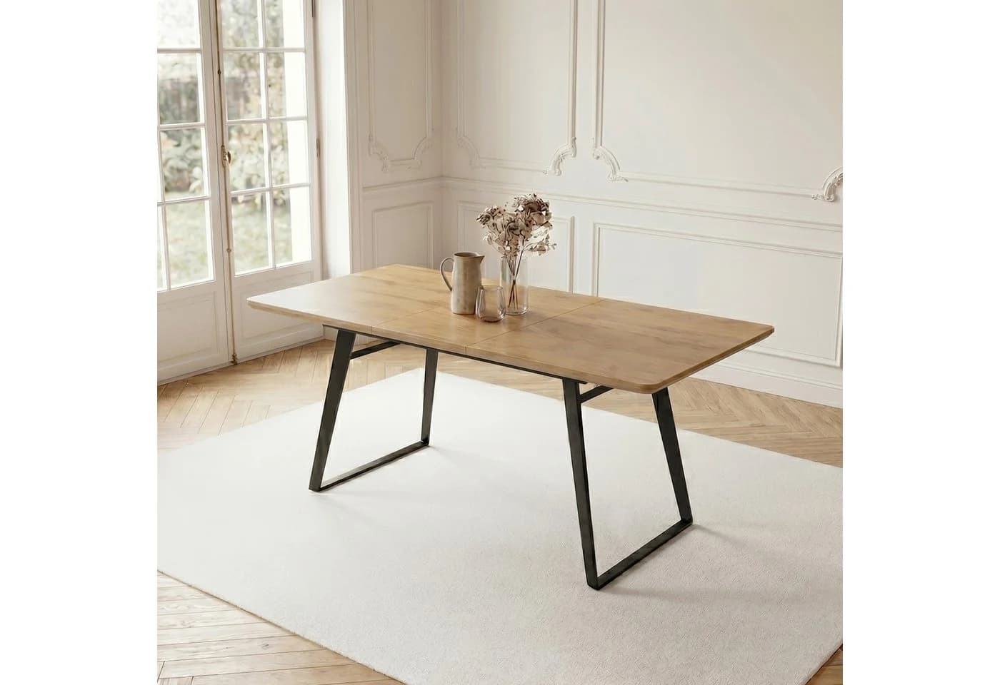 Jiexi Essgruppe ausziehbar Eiche-Optik mit Cord Stühlen grau/beige - Bild 4