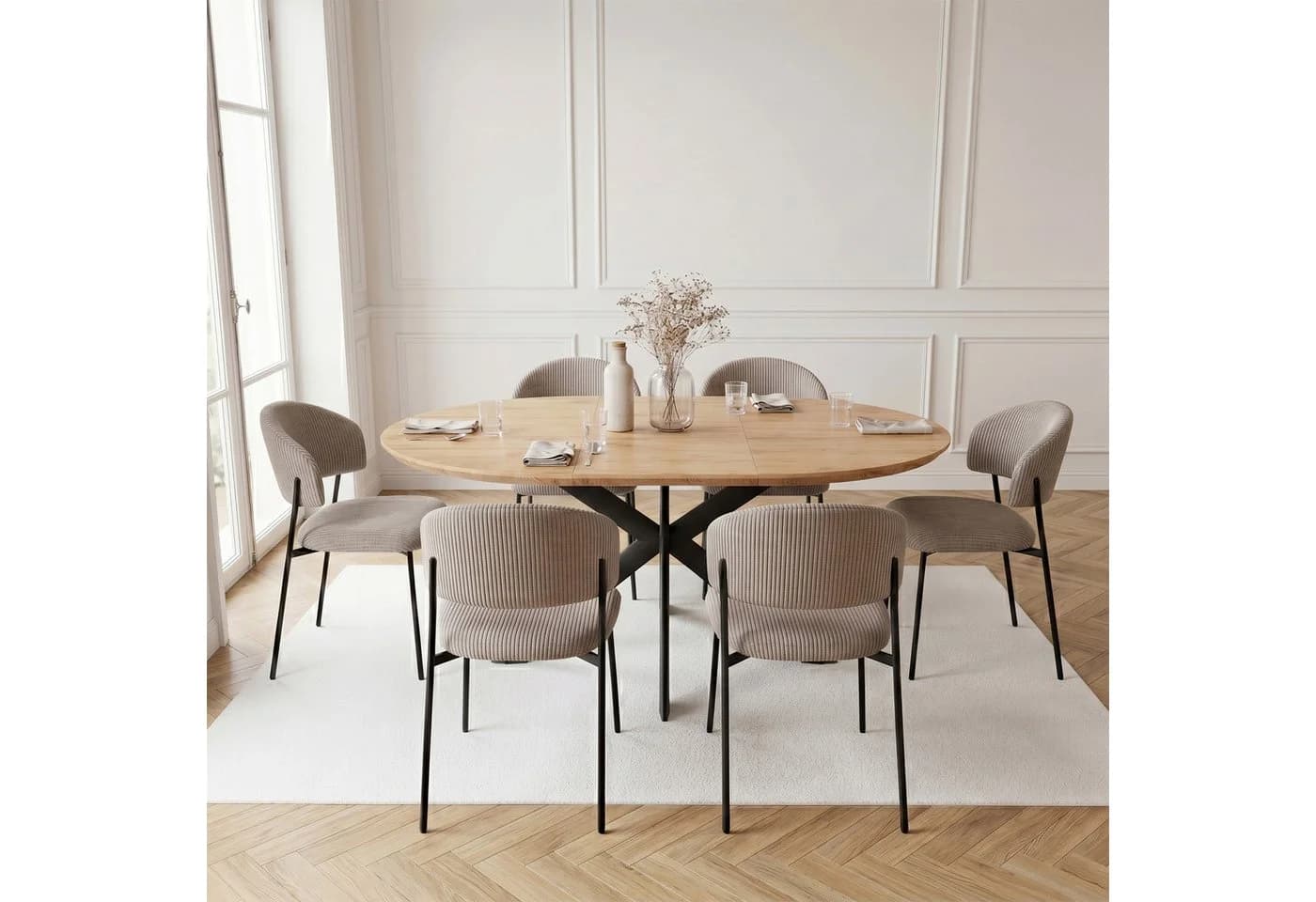 Jiexi Essgruppe mit ausziehbarem Tisch und Cord-Stühlen Grau/Weiß