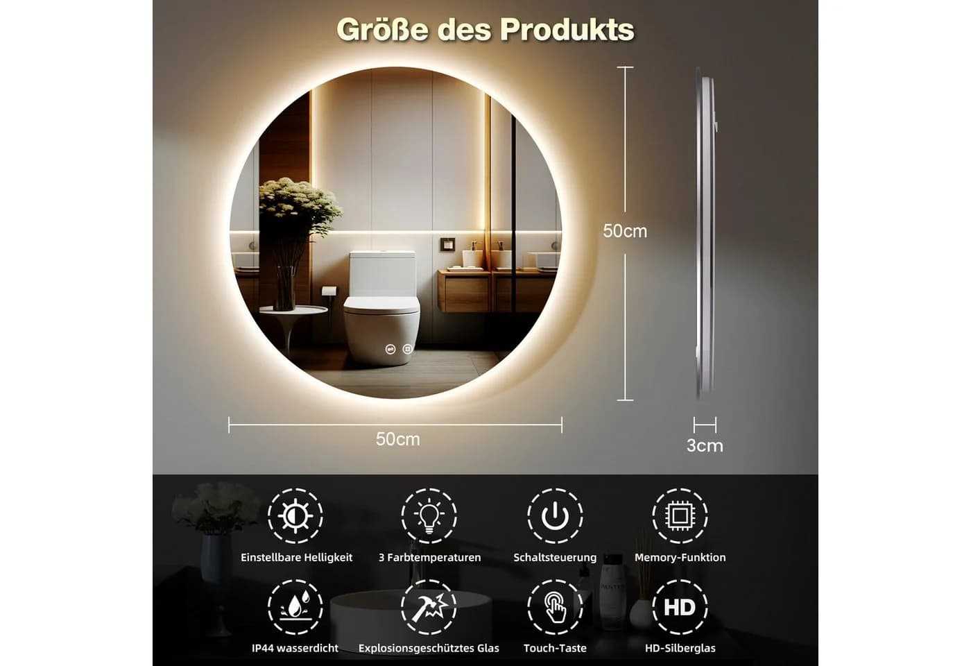 GIMBELEN LED-Badezimmer-Spiegel 50 cm Rund Silber - Bild 3