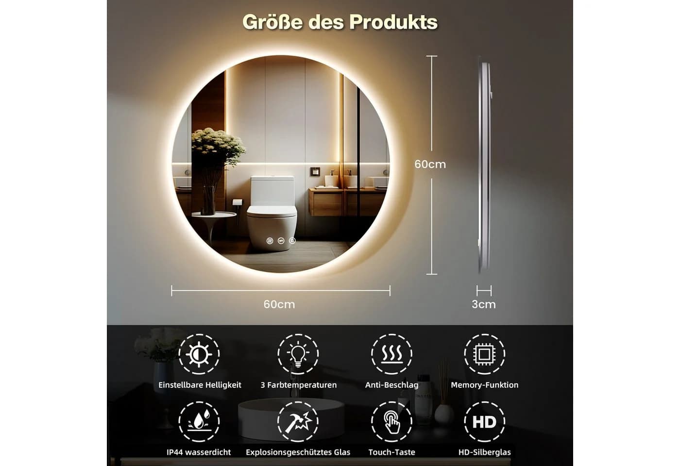 GIMBELEN LED-Badezimmer-Spiegel 60 cm Silber - Bild 5