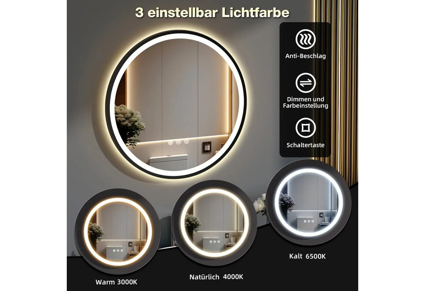 GIMBELEN Badspiegel LED-Badezimmer-Spiegel 60cm Touch 3 Lichtfarben - Bild 5