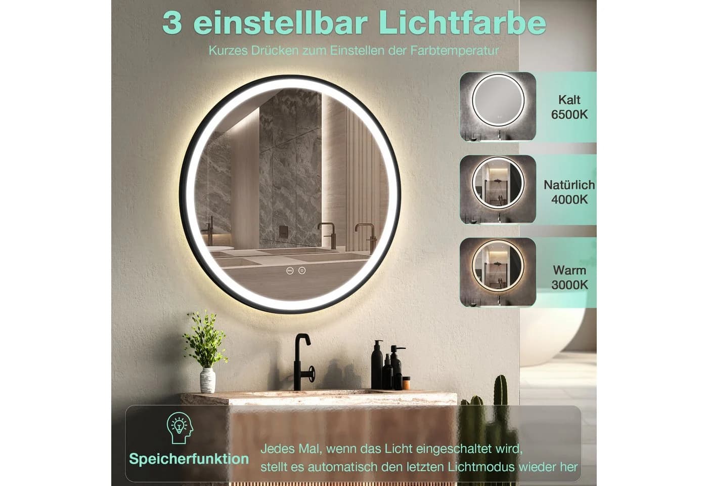 GIMBELEN Badspiegel LED Rund Schwarz 50cm - Bild 3