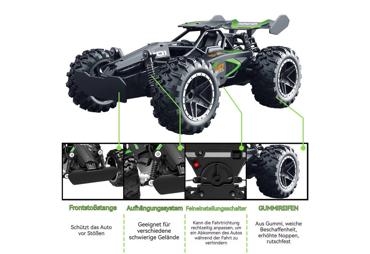 Rolipo RC-Auto Ferngesteuert Grün/Schwarz 1:18 über 20 km/h - Bild 5