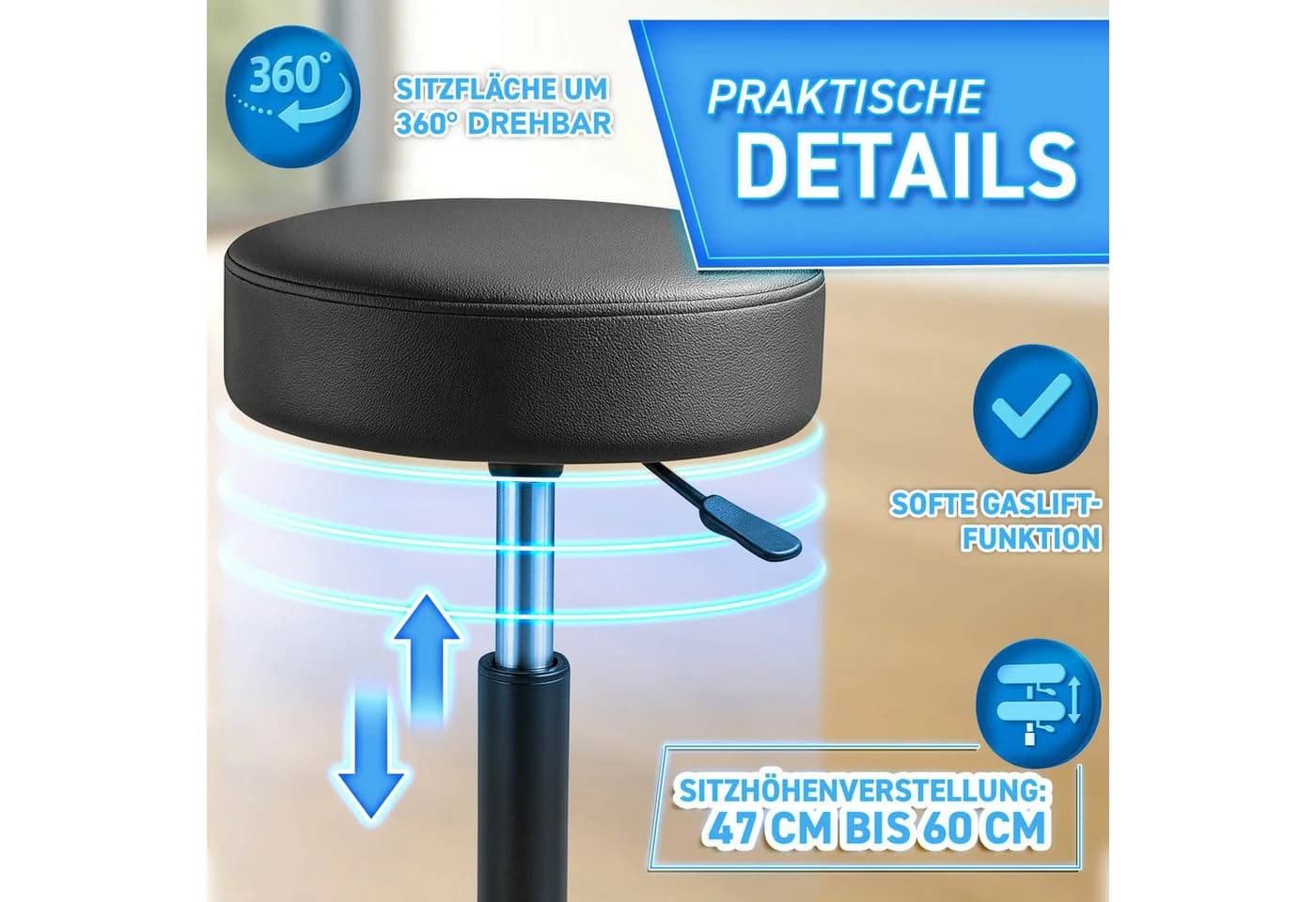 TRESKO Drehhocker Rollhocker 360° drehbar 10 cm Polsterung höhenverstellbar - Bild 3