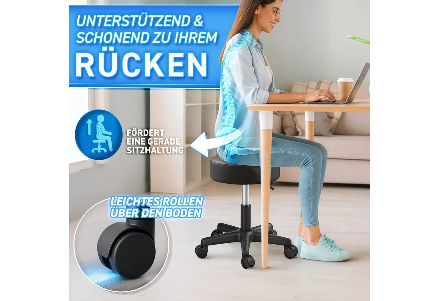 TRESKO Drehhocker Rollhocker 360° drehbar 10 cm Polsterung höhenverstellbar - Bild 4