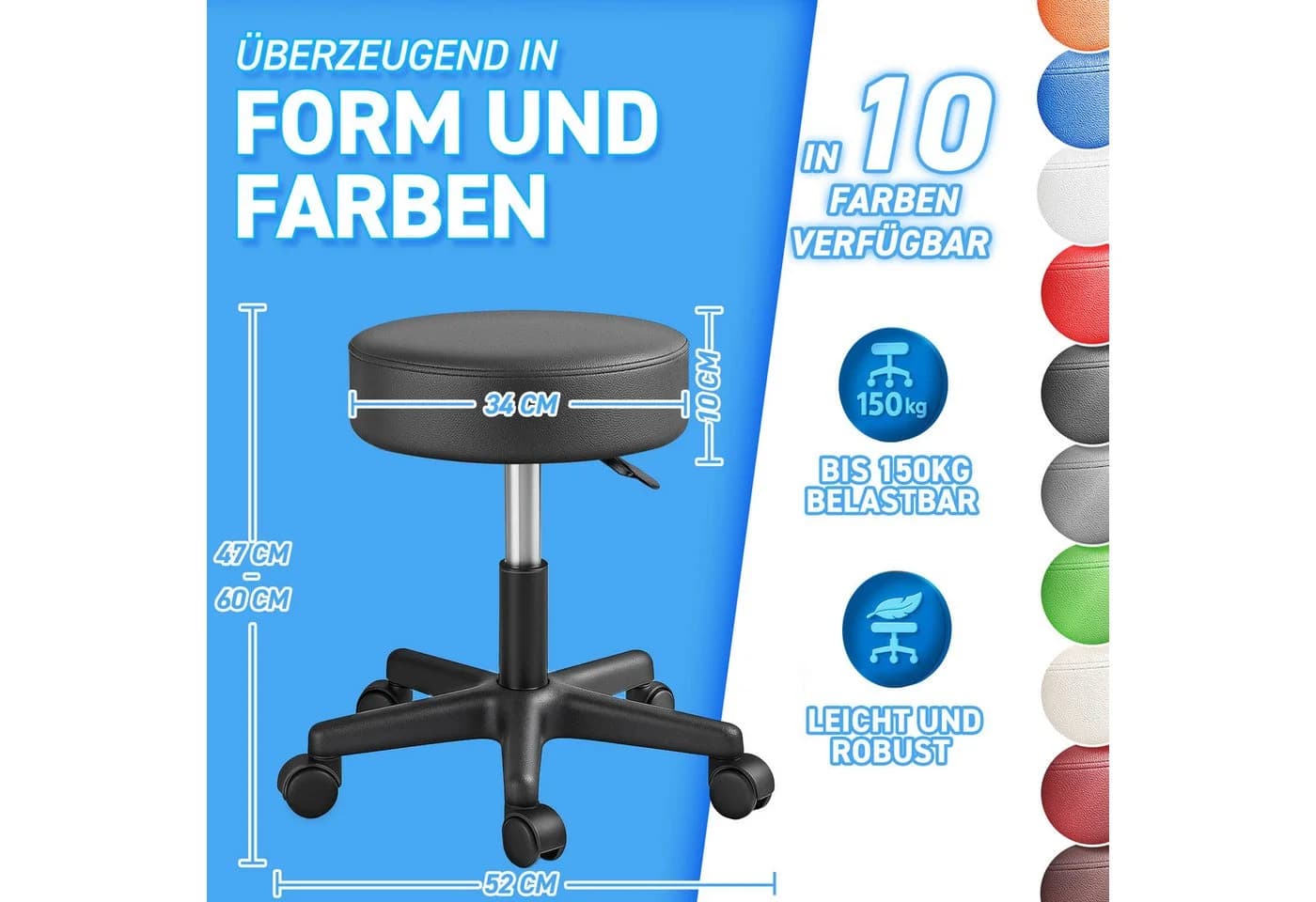 TRESKO Drehhocker Rollhocker 360° drehbar 10 cm Polsterung höhenverstellbar - Bild 5
