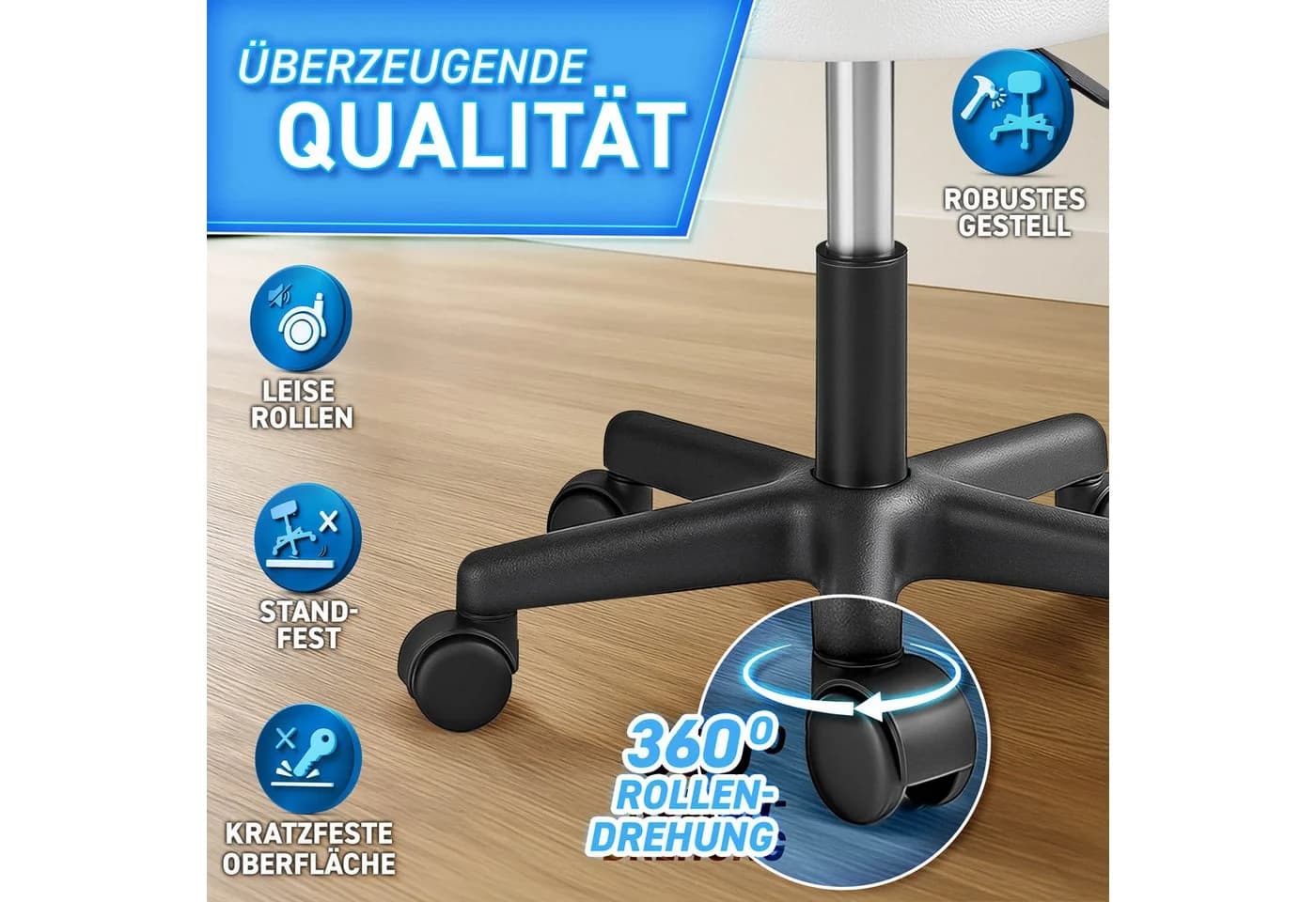 TRESKO Drehhocker Rollhocker höhenverstellbar 10 cm Polsterung Kunstleder Weiß