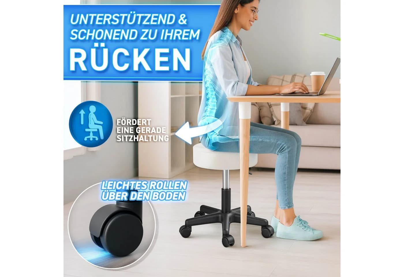 TRESKO Drehhocker Rollhocker höhenverstellbar 10 cm Polsterung Kunstleder Weiß - Bild 4