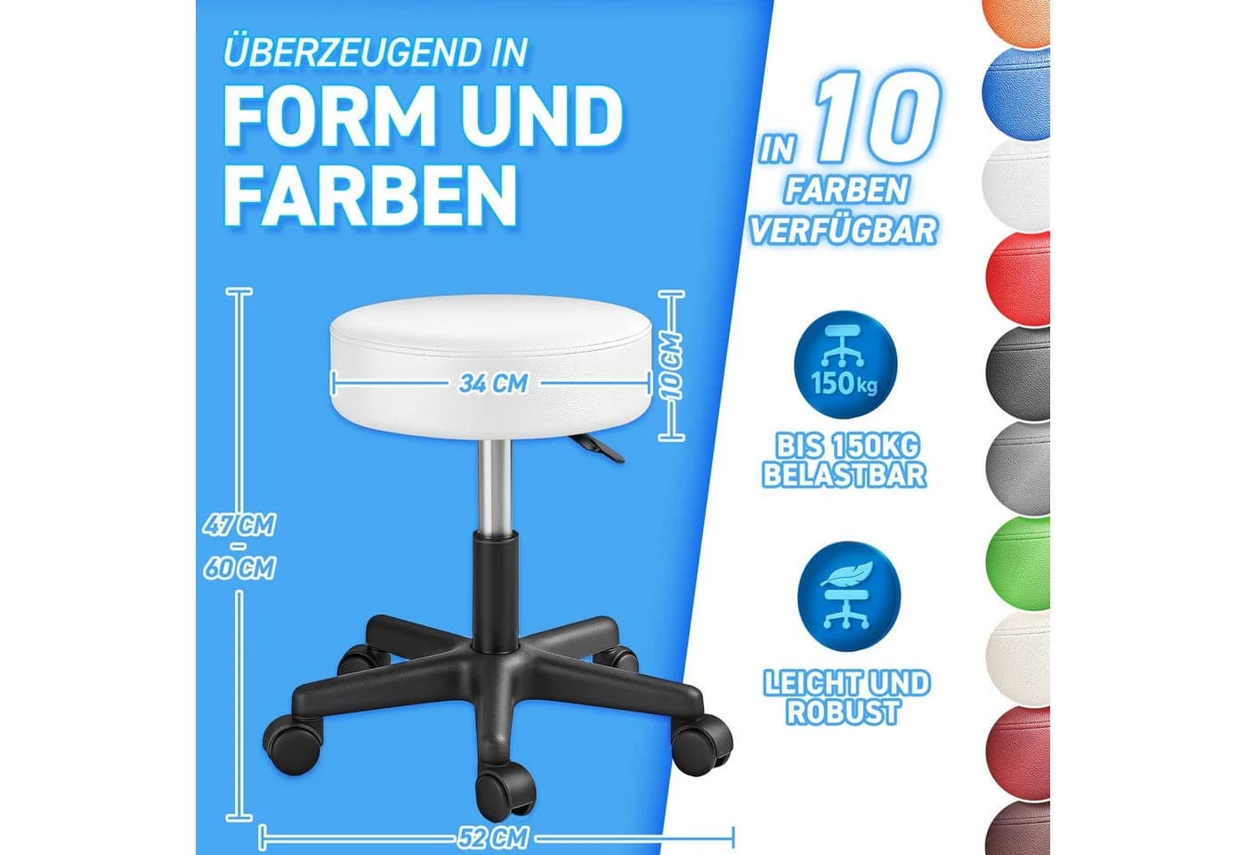 TRESKO Drehhocker Rollhocker höhenverstellbar 10 cm Polsterung Kunstleder Weiß - Bild 5