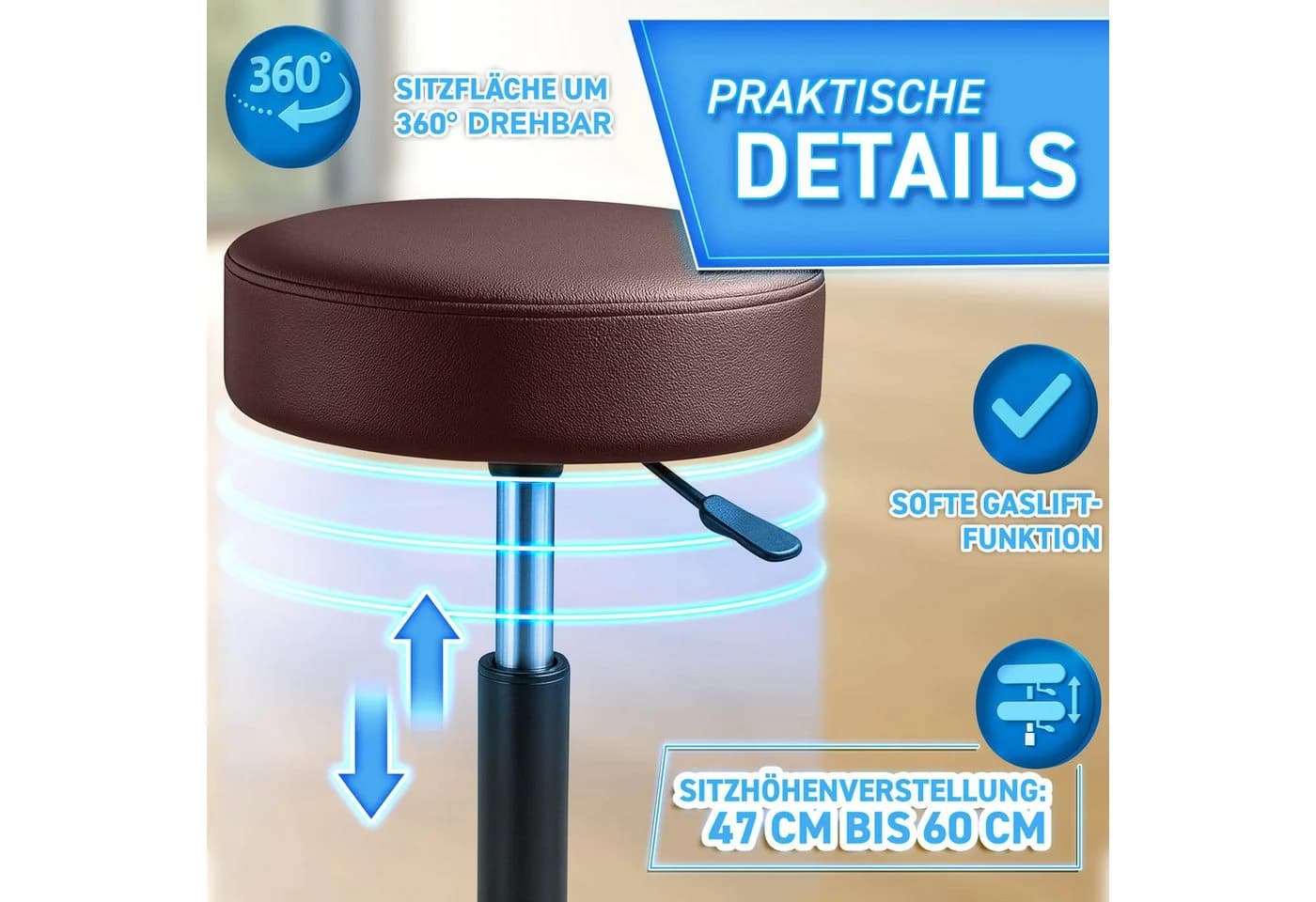 TRESKO Drehhocker Rollhocker höhenverstellbar Braun Kunstleder - Bild 3