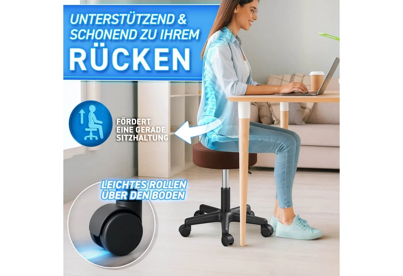 TRESKO Drehhocker Rollhocker höhenverstellbar Braun Kunstleder - Bild 4