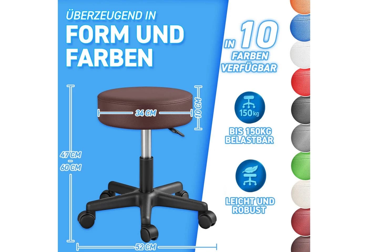 TRESKO Drehhocker Rollhocker höhenverstellbar Braun Kunstleder - Bild 5