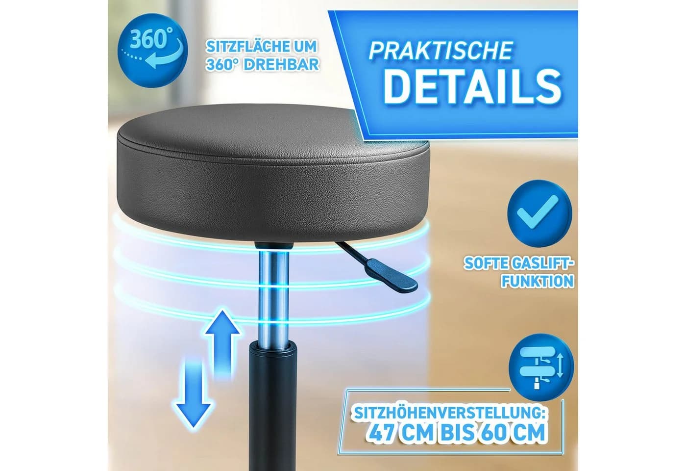 TRESKO Drehhocker Rollhocker höhenverstellbar Grau 10 cm Polsterung - Bild 3