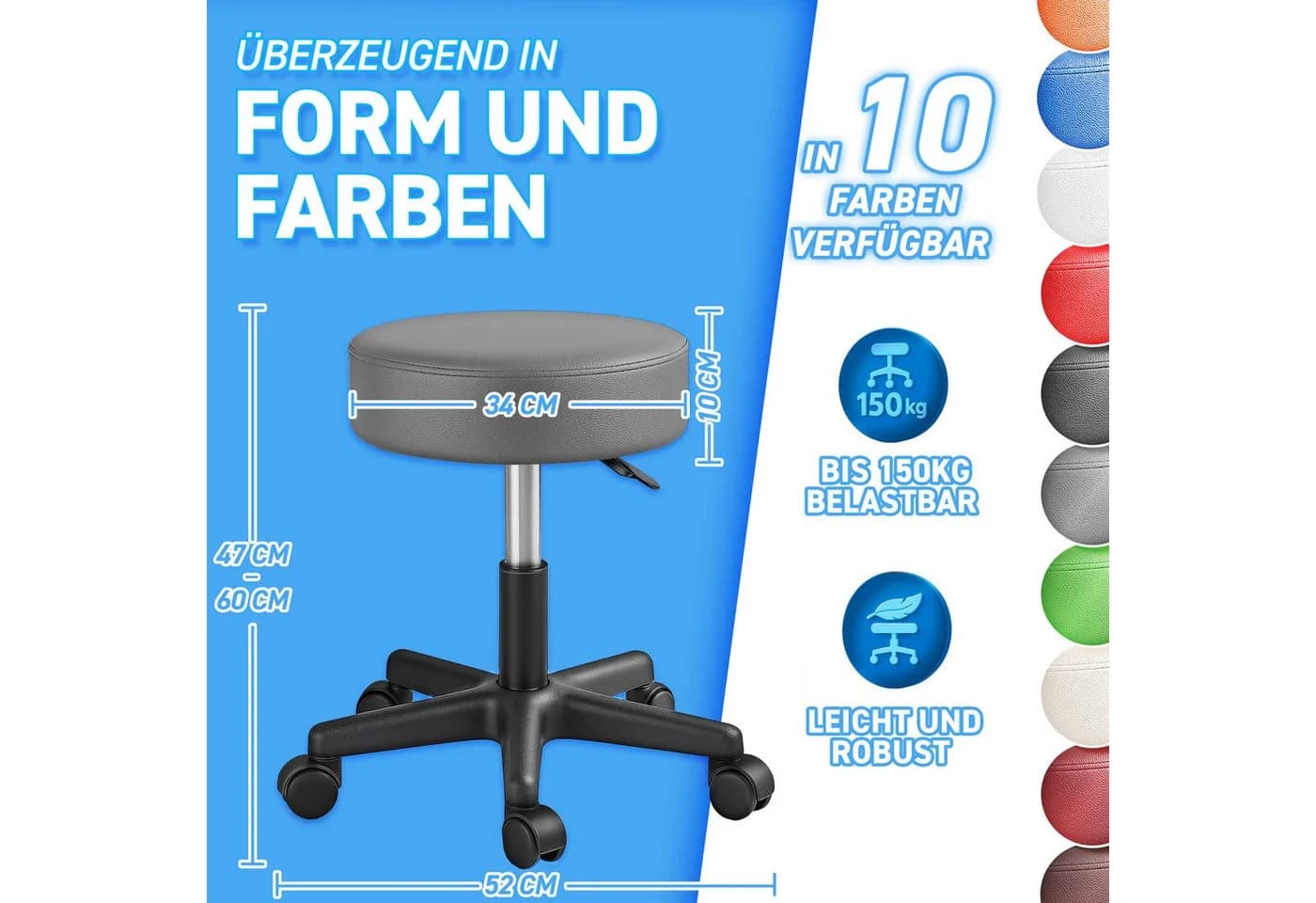 TRESKO Drehhocker Rollhocker höhenverstellbar Grau 10 cm Polsterung - Bild 5