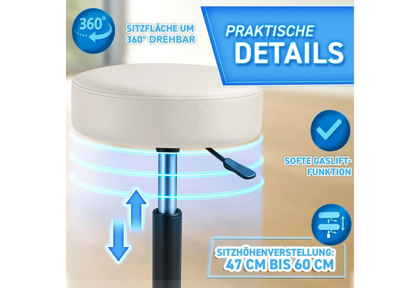 TRESKO Drehhocker Rollhocker höhenverstellbar 10 cm Dicke Polsterung Beige - Bild 3