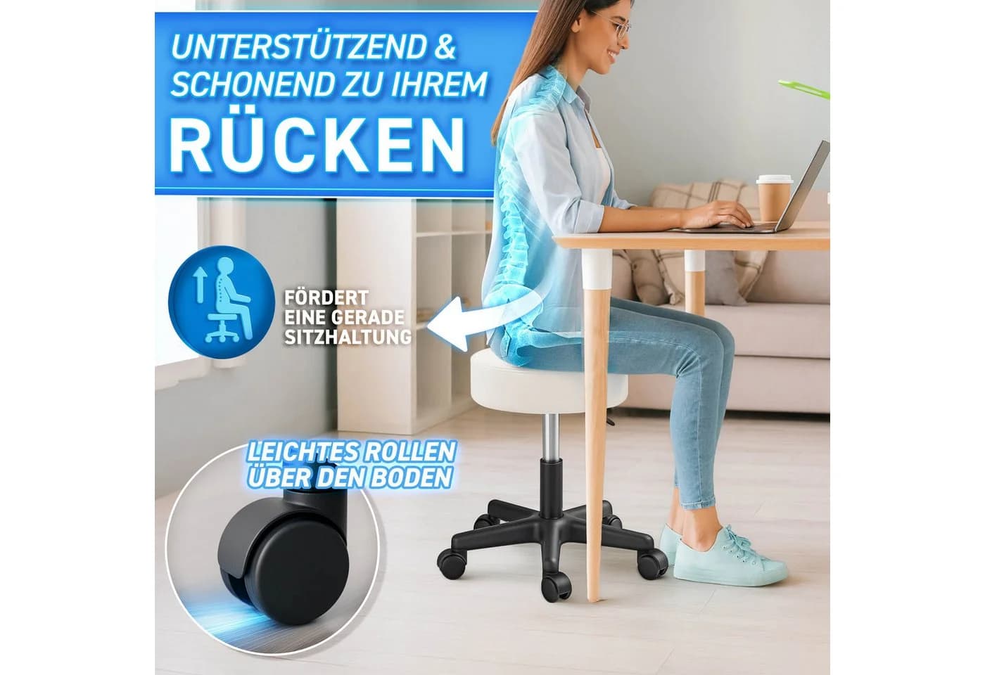 TRESKO Drehhocker Rollhocker höhenverstellbar 10 cm Dicke Polsterung Beige - Bild 4