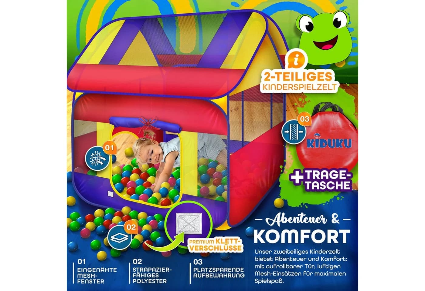 KIDUKU Bällebad Spielzelt mit 300 Bällen + Tasche für drinnen und draußen - Bild 3