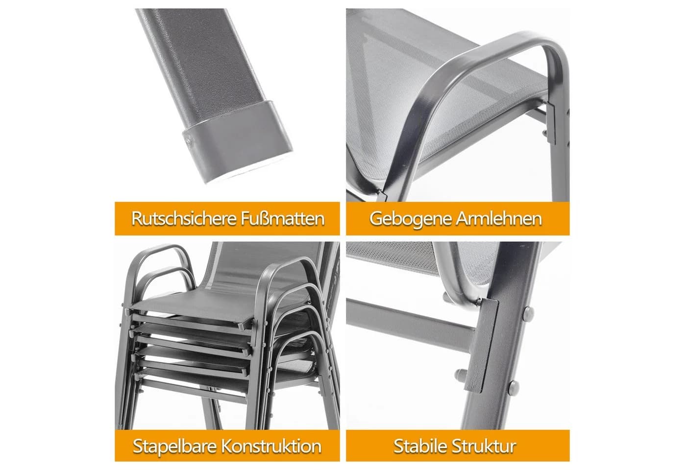 GIHAUVIA Gartenstuhl 4er-Set Grau Metall Stapelbar - Bild 4