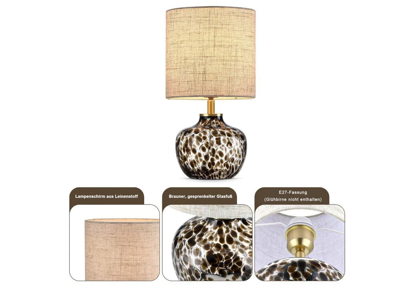 STANBOW Tischleuchte mit Leopardenmuster-Glassockel & Jute-Schirm E27 - Bild 5