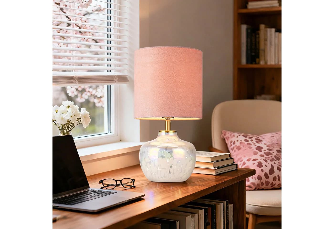 STANBOW Tischleuchte mit Glassockel & Stoffschirm, Rosa, Modern-Romantisch