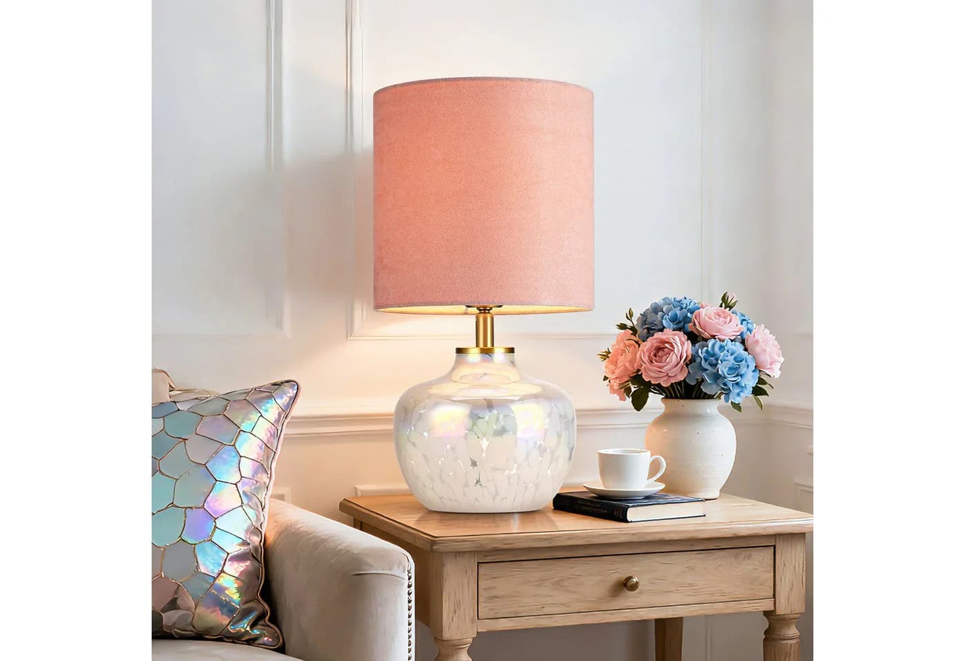 STANBOW Tischleuchte mit Glassockel & Stoffschirm, Rosa, Modern-Romantisch - Bild 5