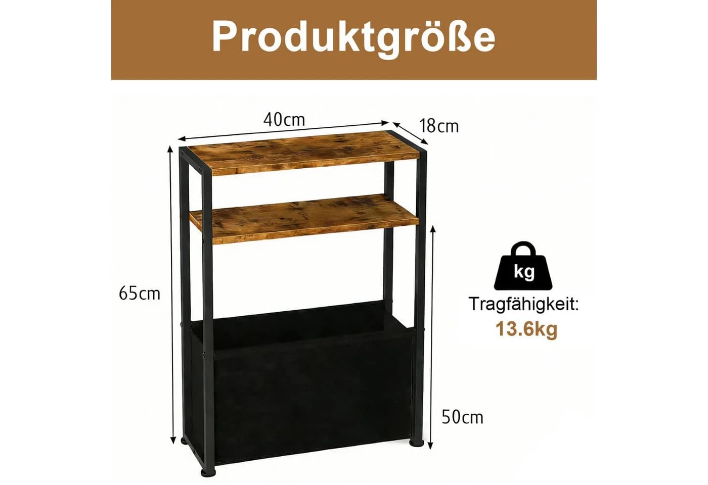 HEYHIPPO Ablageregal Schmaler Tisch mit Stoffkorb 65x40cm