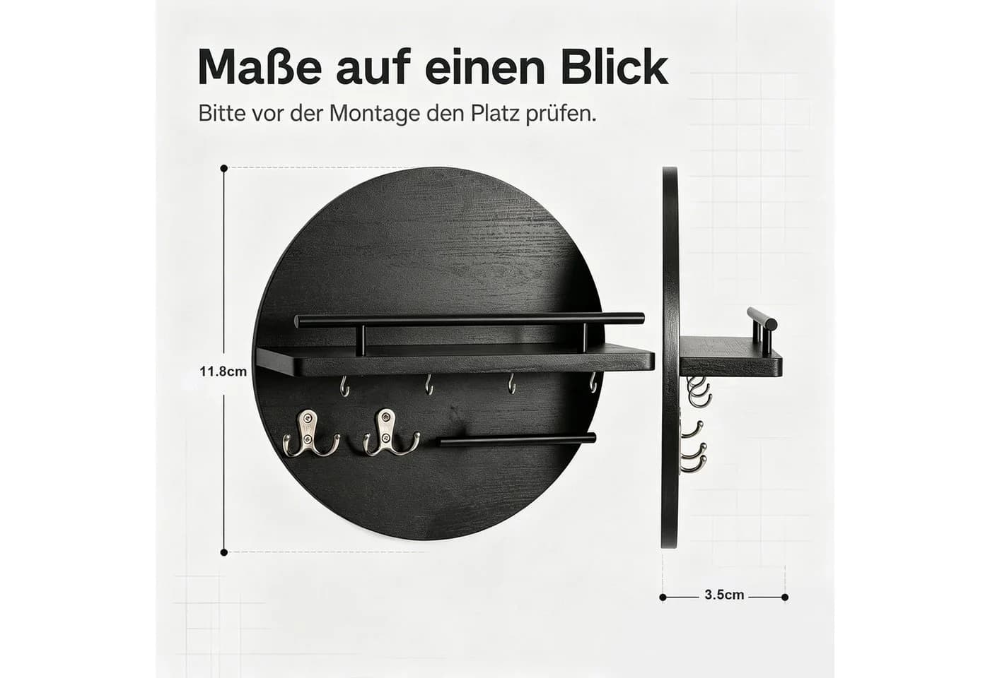 HEYHIPPO Schlüsselbrett Rundes Wandregal mit Ablage & Haken Schwarz