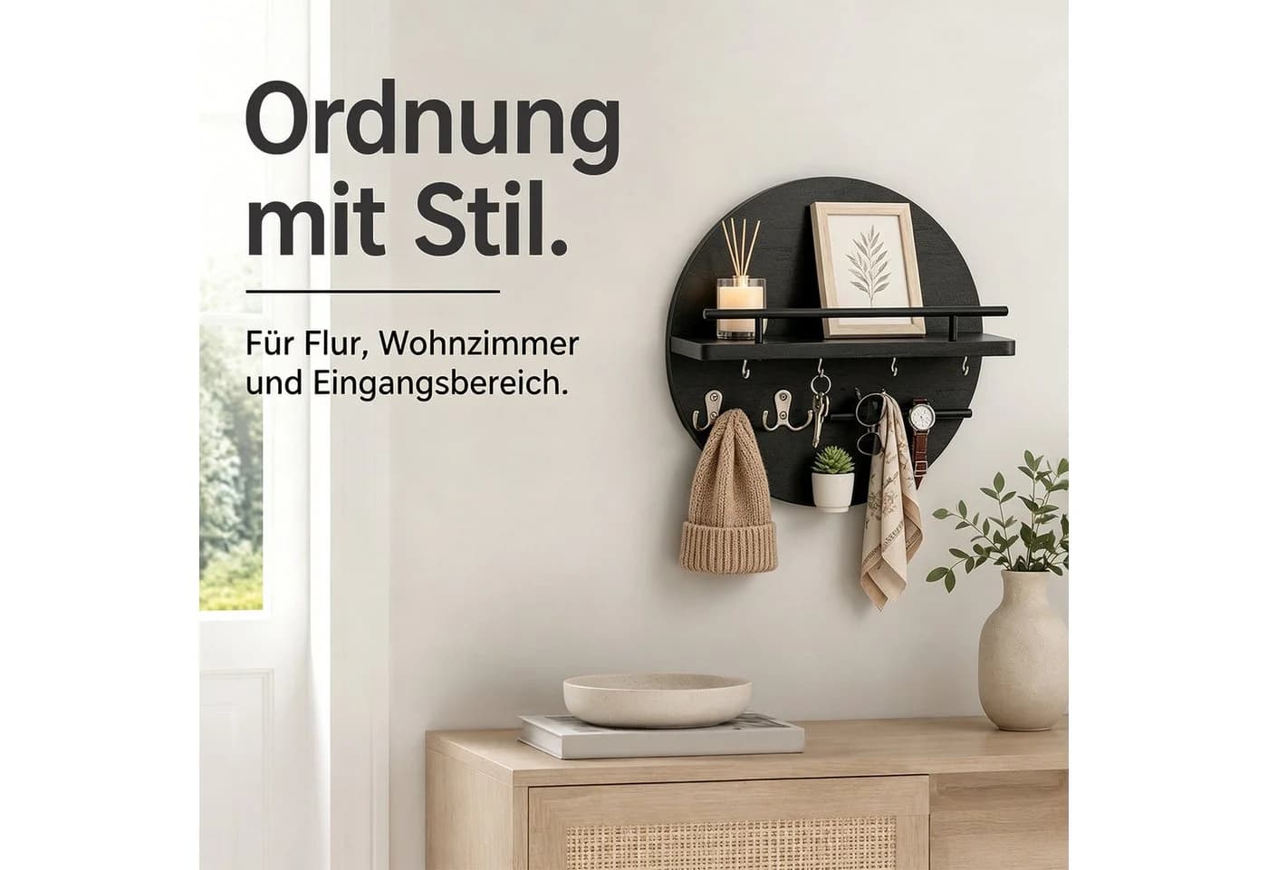 HEYHIPPO Schlüsselbrett Rundes Wandregal mit Ablage & Haken Schwarz - Bild 5