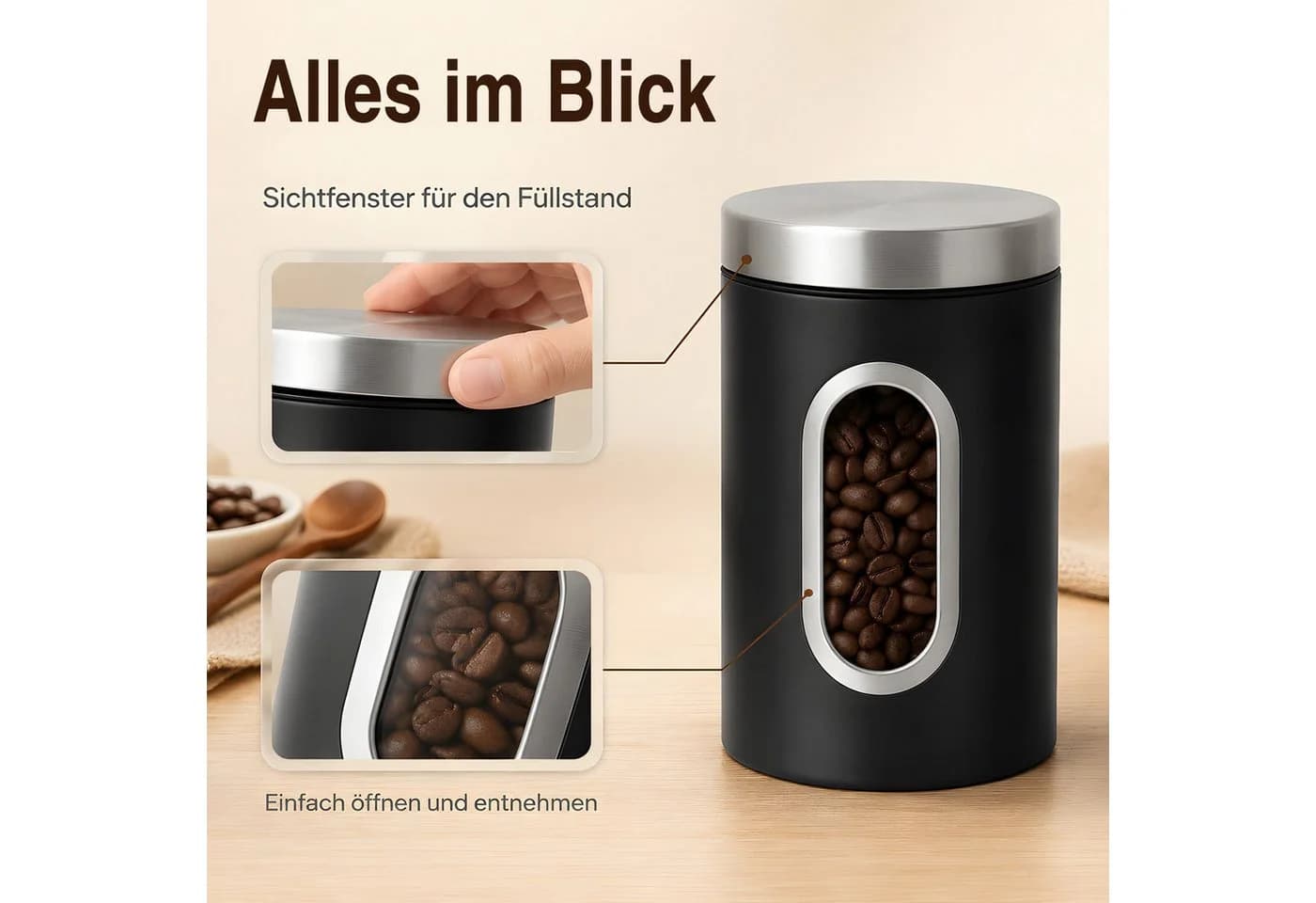 HEYHIPPO Kaffeedose 3er Set Edelstahl Schwarz Luftdicht - Bild 5