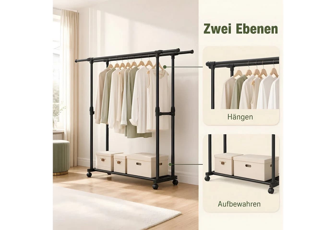 HEYHIPPO Kleiderstange Schwarz Höhenverstellbar mit Rollen - Bild 5