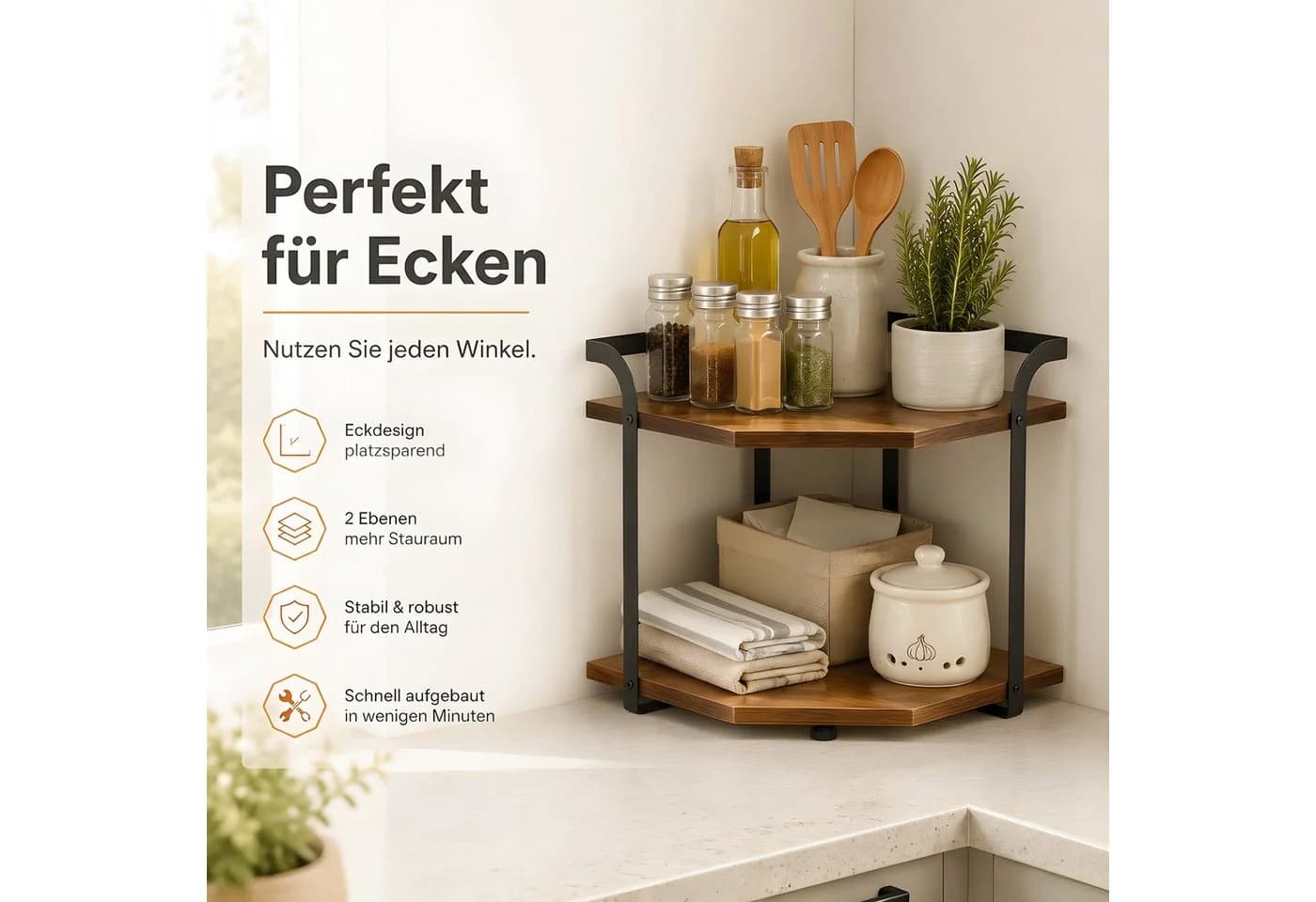 HEYHIPPO Küchenregal Eckregal 2 Ebenen Braun Schwarz Industrial - Bild 5