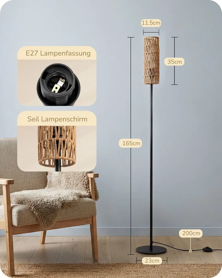EDISHINE Stehlampe Wohnzimmer 165cm LED Warmweiß Seil - Bild 4