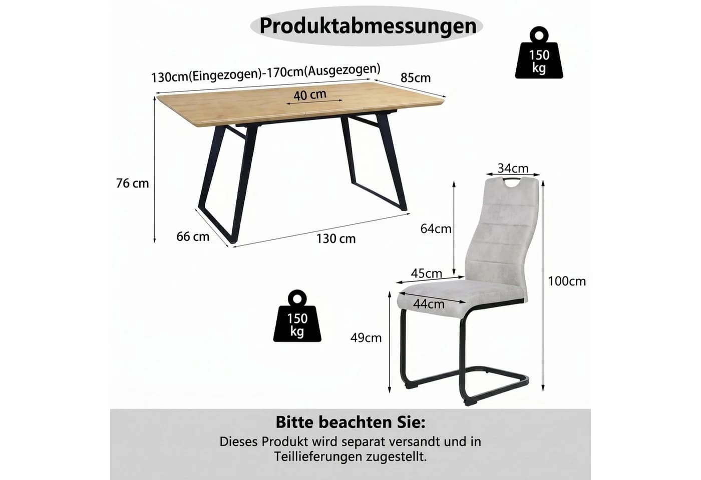 Jiexi Essgruppe ausziehbar Eiche-Optik mit Freischwinger Stühlen Grau - Bild 3