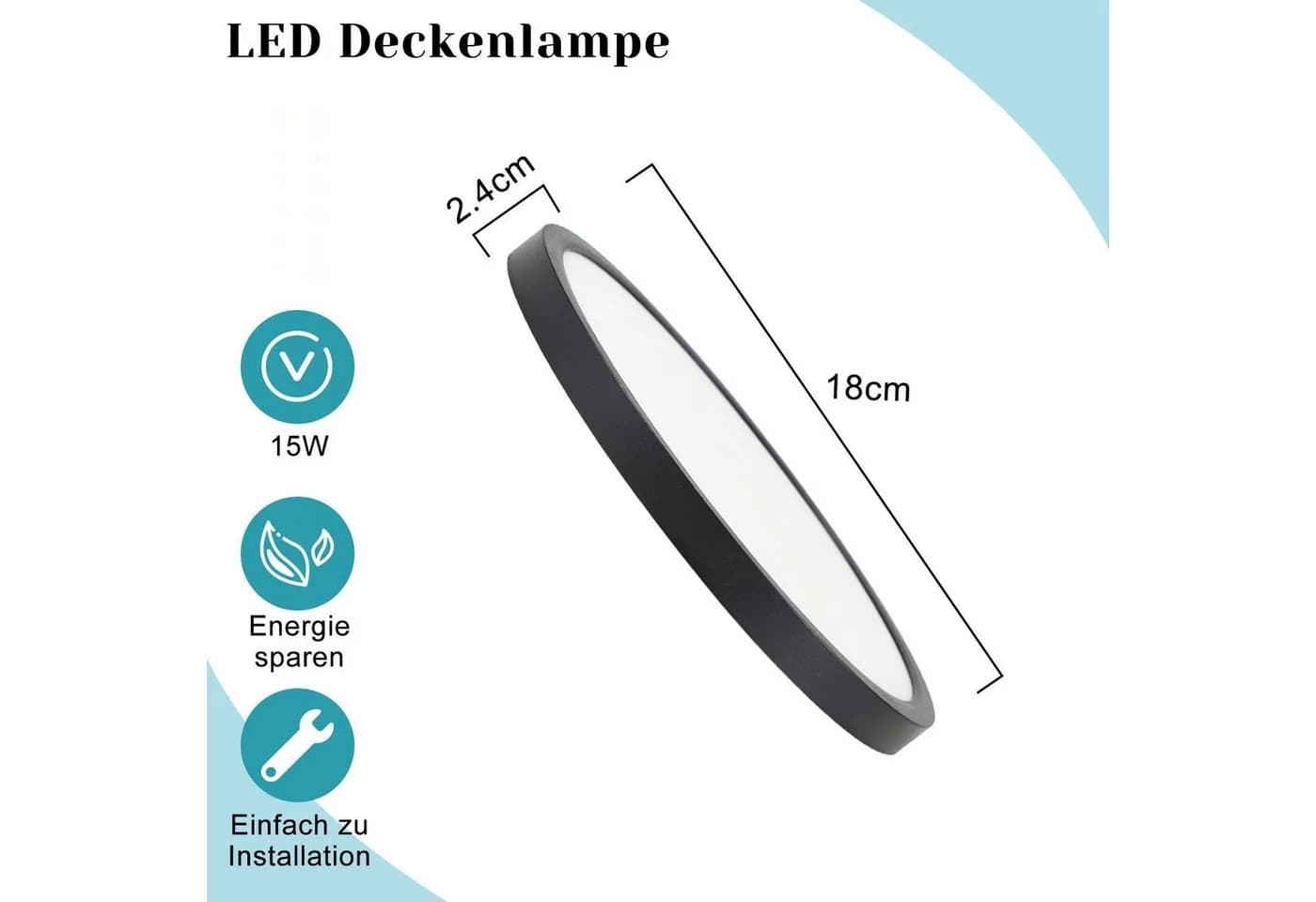 Nettlife LED Panel Deckenleuchte Flach 15W Rund Ø18cm Schwarz/Weiß - Bild 4