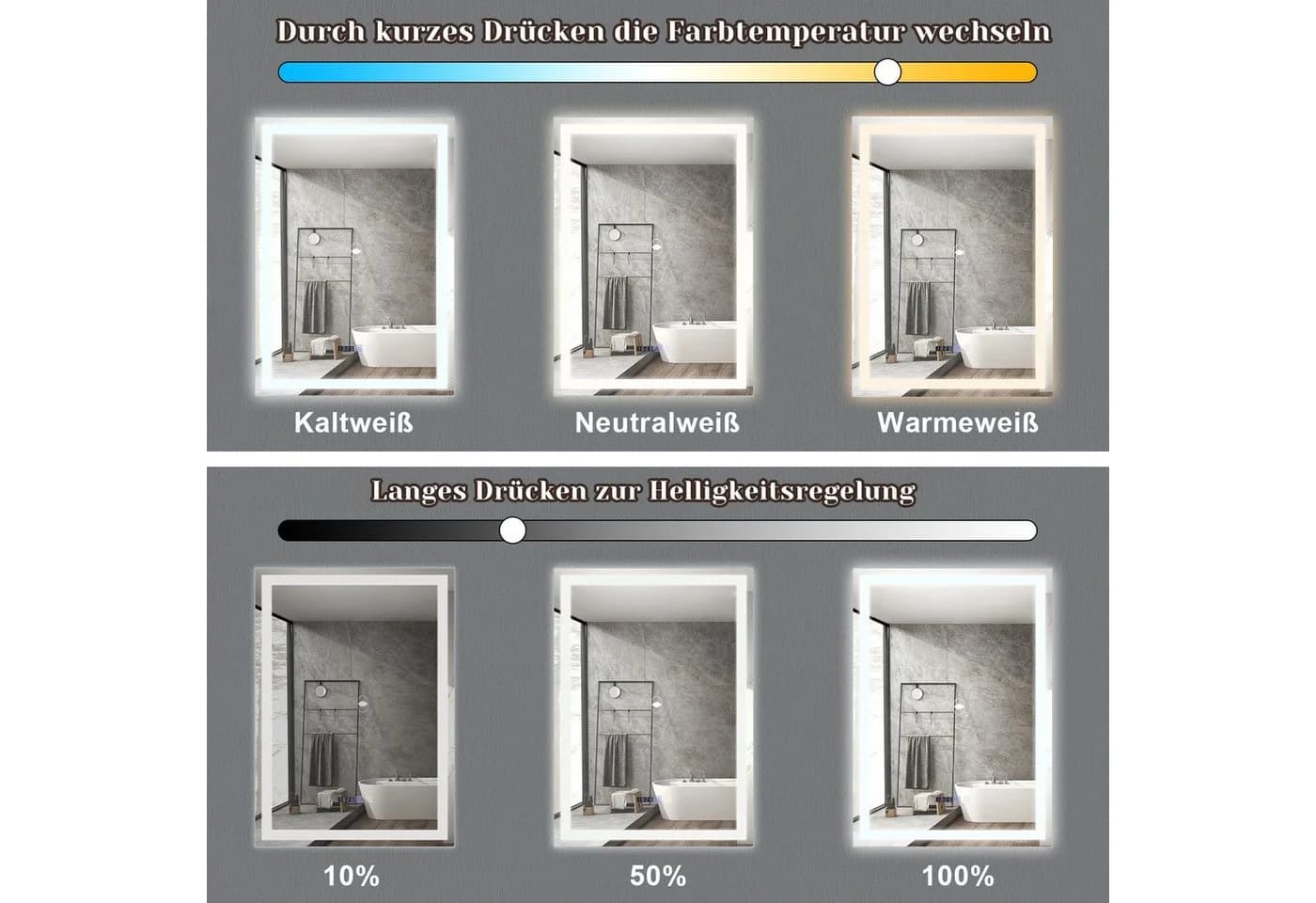 Nettlife Badspiegel Wandspiegel mit Beleuchtung Touch-Schalter Dimmbar