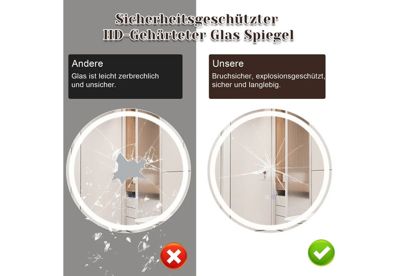 Nettlife Badspiegel Rund Weiß Touch-Schalter Dimmbar Entfogger - Bild 4