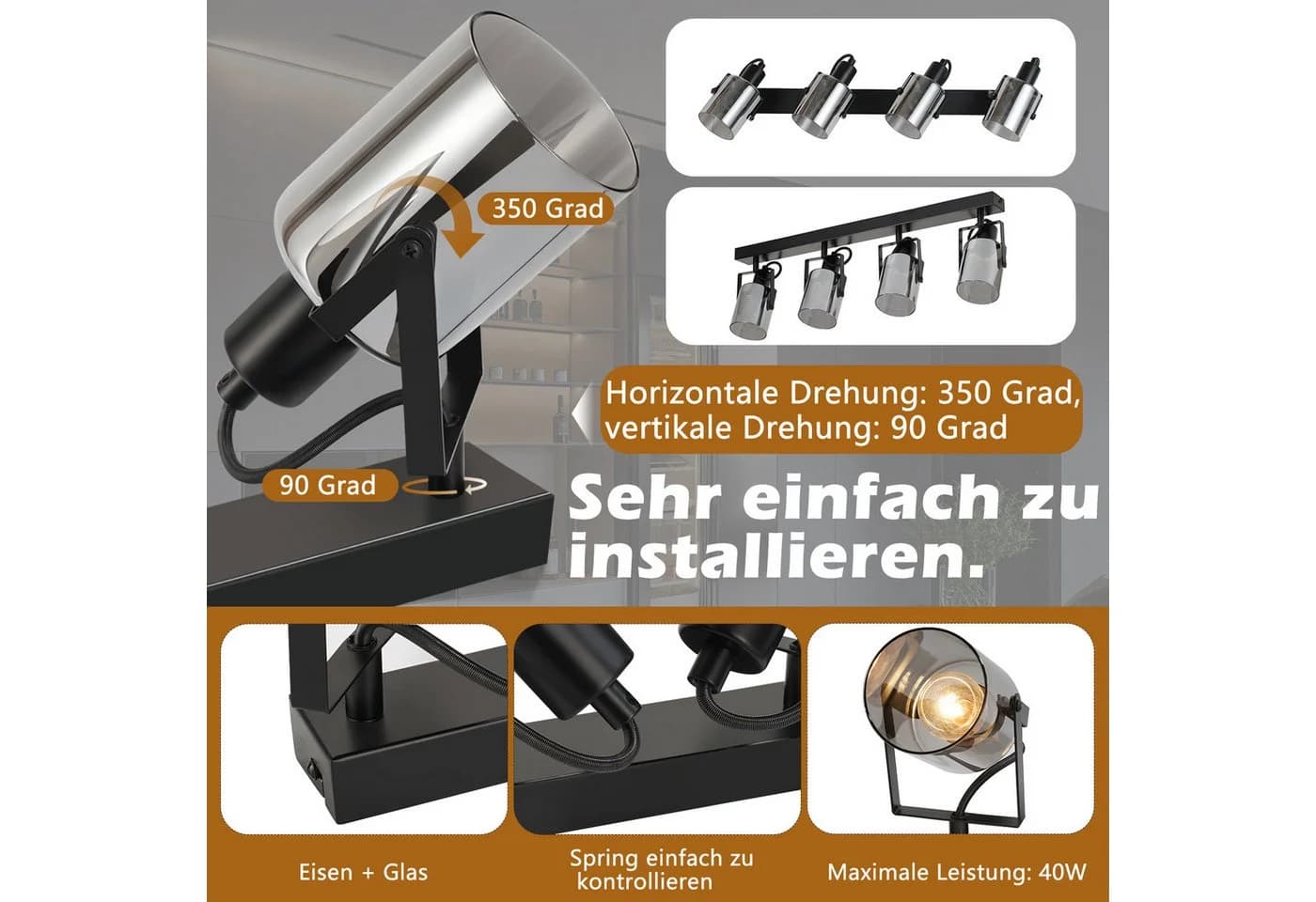 Nettlife Deckenstrahler Vintage 1/2/3/4-flammig Rauchgrau LED wechselbar