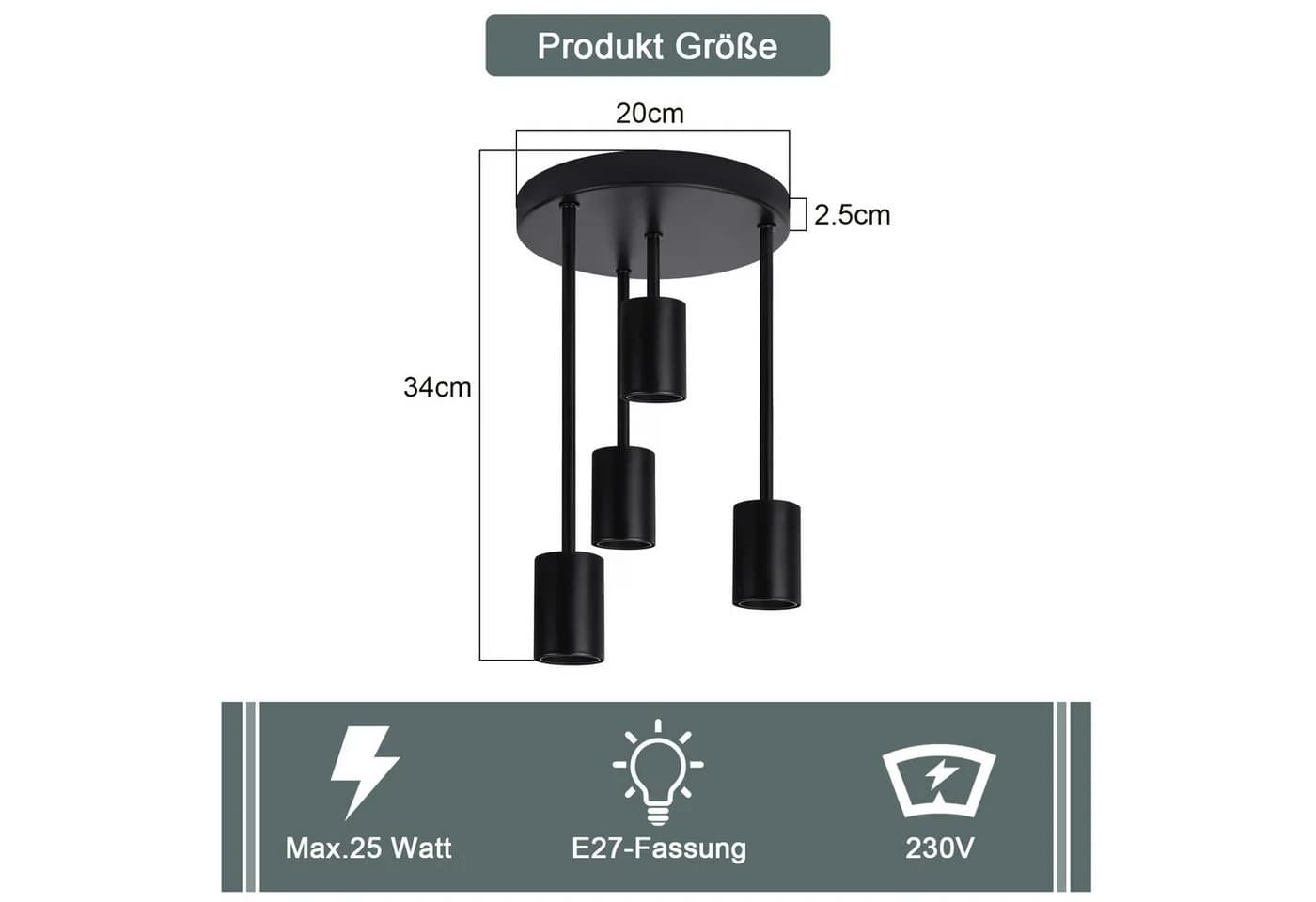 Nettlife Deckenleuchte 4 Flammig Schwarz E27 Küchenlampe LED wechselbar - Bild 5