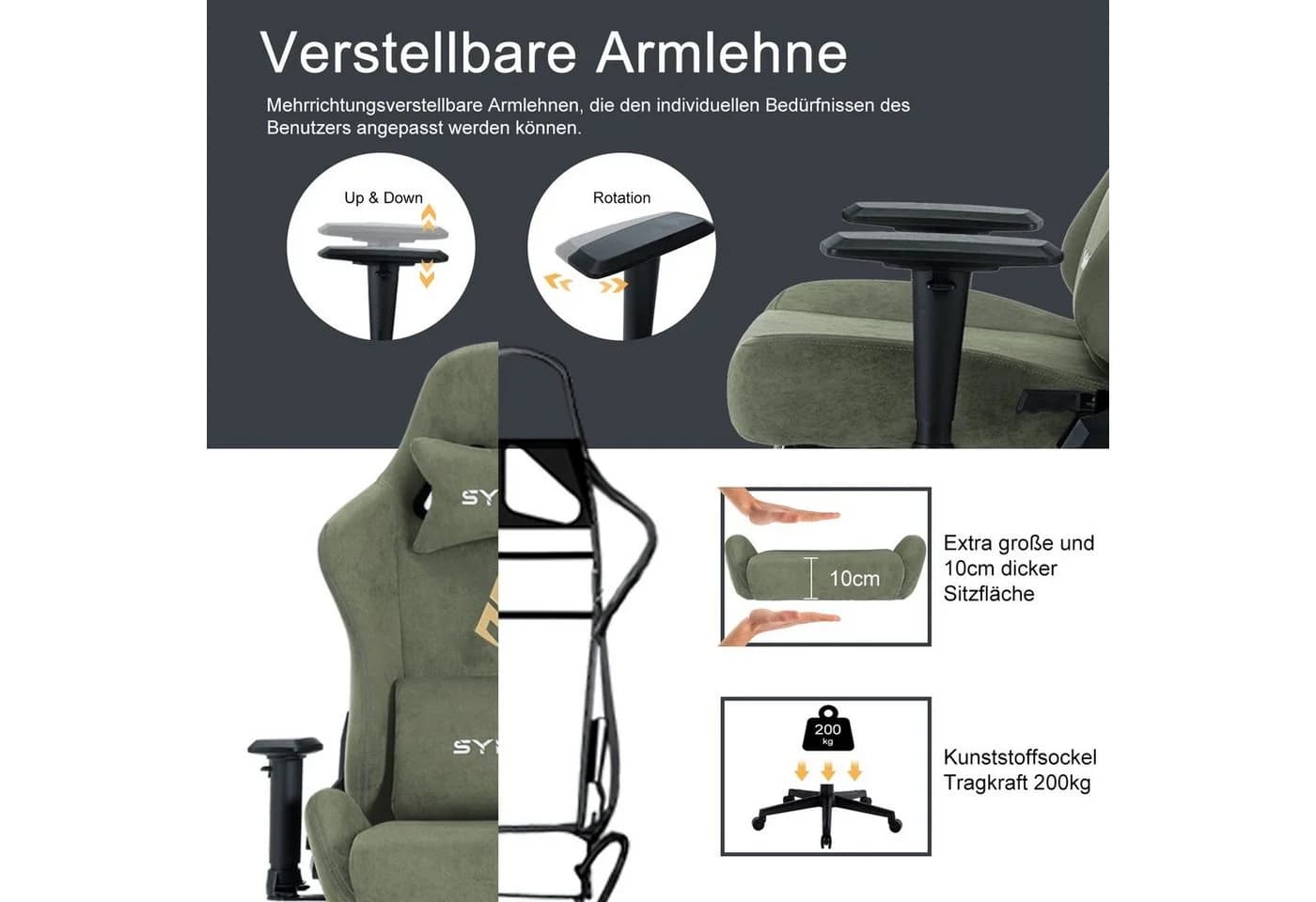 symino Gaming-Stuhl Grün mit Massagefunktion und Fußstütze - Bild 4