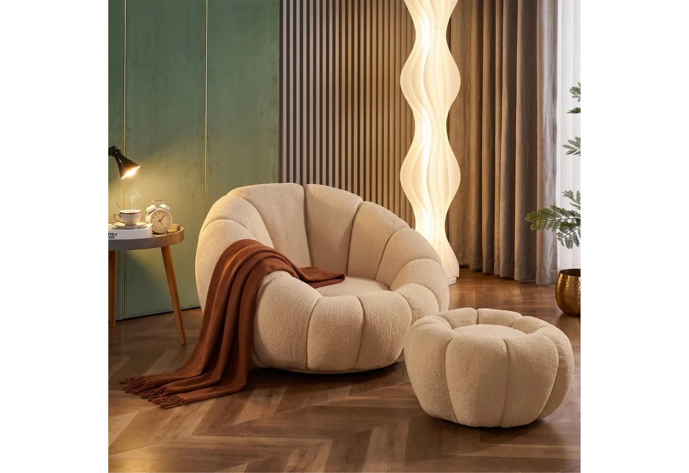alesvelt Drehsessel Kürbis 360° Drehfunktion Relaxsessel inkl. Hocker Set Beige - Bild 2