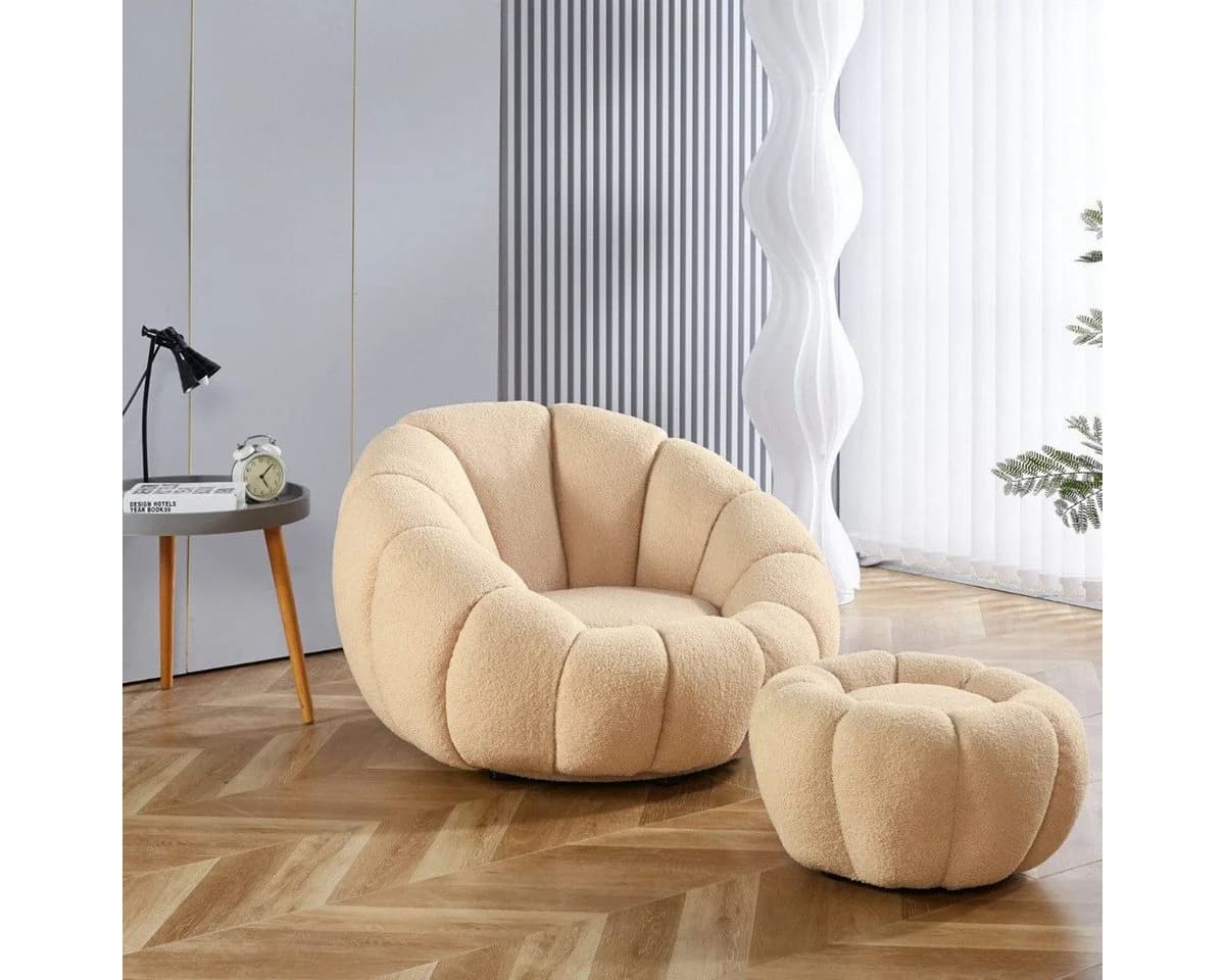 alesvelt Drehsessel Kürbis 360° Drehfunktion Relaxsessel inkl. Hocker Set Beige - Bild 4