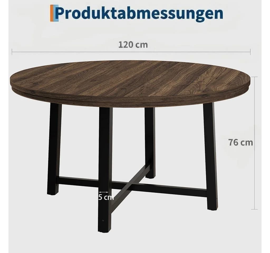 GarveeMore Runder Esstisch 120 cm Braun Moderner Holztisch
