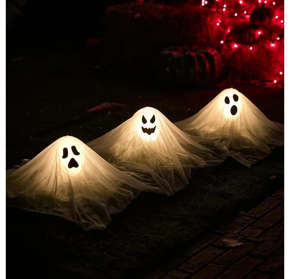 JOYIN 3 Stück Halloween Geist Gartenstecker 38 cm Weiß Beleuchtet - Bild 2