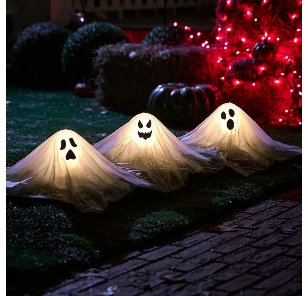 JOYIN 3 Stück Halloween Geist Gartenstecker 38 cm Weiß Beleuchtet - Bild 5