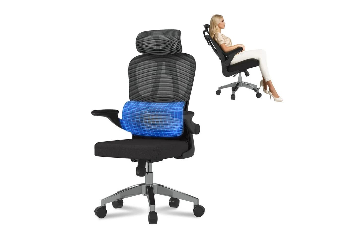 FLEXISPOT Bürostuhl Ergonomischer Schreibtischstuhl mit 2D-Kopfstütze, Klappbare Armlehnen & Dynamische Lendenstütze - Bild 2