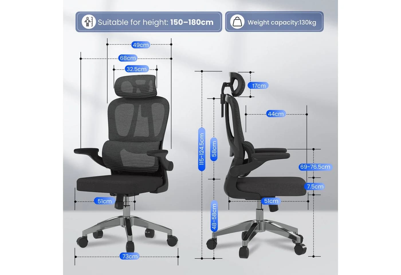 FLEXISPOT Bürostuhl Ergonomischer Schreibtischstuhl mit 2D-Kopfstütze, Klappbare Armlehnen & Dynamische Lendenstütze - Bild 3